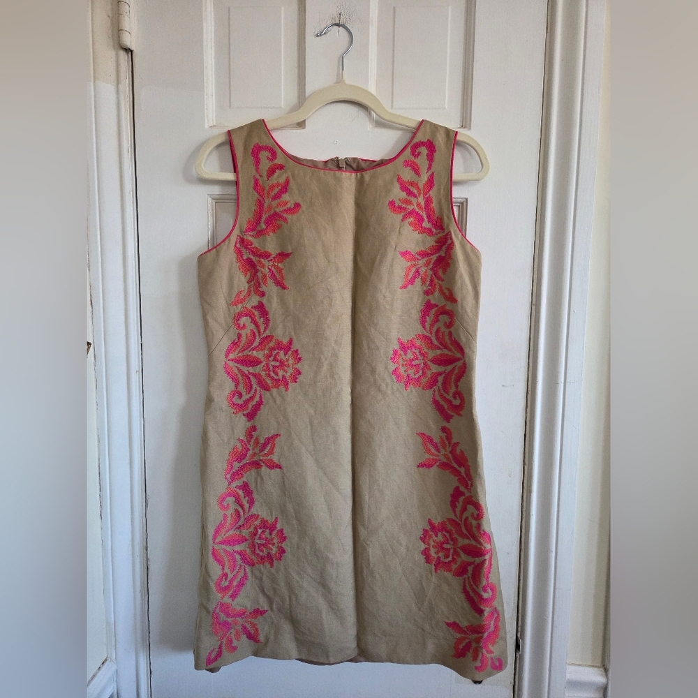 Eliza J Beige Dress with Pink Embroidery